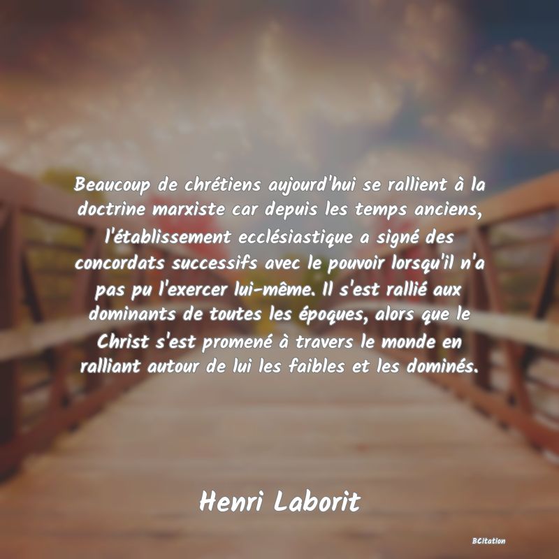 image de citation: Beaucoup de chrétiens aujourd'hui se rallient à la doctrine marxiste car depuis les temps anciens, l'établissement ecclésiastique a signé des concordats successifs avec le pouvoir lorsqu'il n'a pas pu l'exercer lui-même. Il s'est rallié aux dominants de toutes les époques, alors que le Christ s'est promené à travers le monde en ralliant autour de lui les faibles et les dominés.